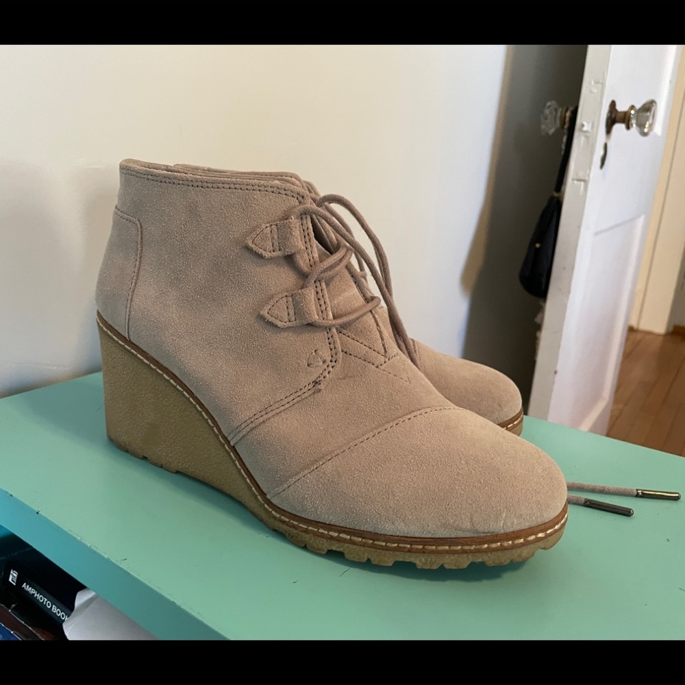 TOMS Gray Suede Wedge Booties